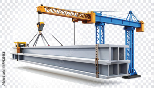 Industrial crane lifting large metal beam in factory setting