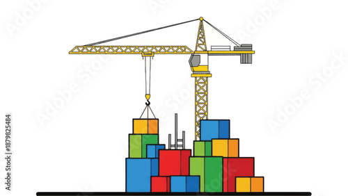 Vibrant cargo containers stacked high under a yellow crane