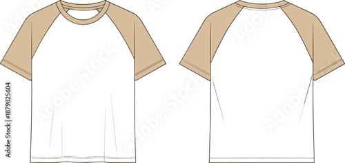 Raglan sleeve t shirt mockup, front and back view, baseball tee design, vector fashion illustration, casual unisex apparel template branding