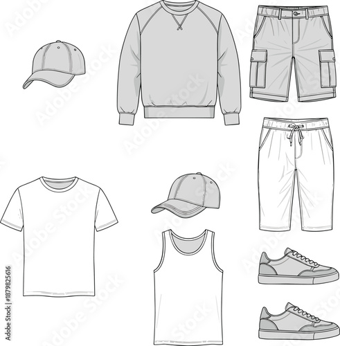 Men streetwear outfit set, technical fashion illustration, casual clothing collection, hoodie shorts sneakers cap, vector flat sketch, apparel template mockup
