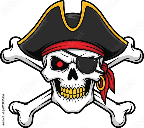 Pirate skull cartoon vector, crossbones illustration, eyepatch and hat artwork, danger symbol design, treasure adventure icon
