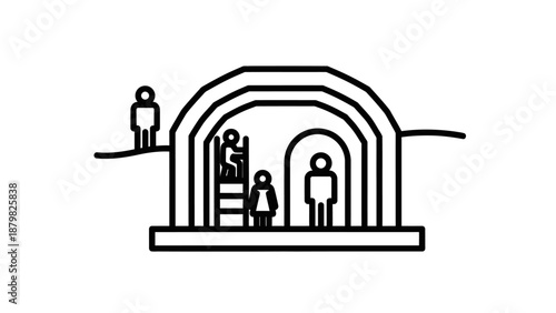 Line art illustration of people inside and outside an underground arched shelter or bunker, depicting a cross-section view.