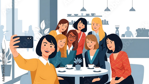 Joyful Group of Diverse Female Friends Capturing a Lively Selfie in a Cozy Cafe, Celebrating Shared Moments and Strong Bonds of Companionship