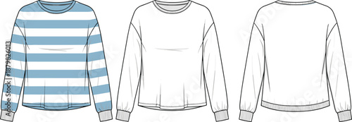 Striped sweatshirt mockup, front back and color variations, technical fashion illustration, crewneck pullover, ribbed cuffs hem, vector flat sketch template