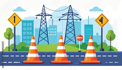 Road construction site with traffic cones and signs