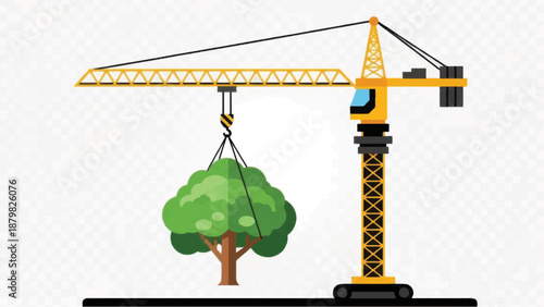 Yellow crane lifting tree for urban reforestation project