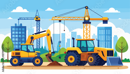 Construction site with excavator, bulldozer, and crane in cityscape