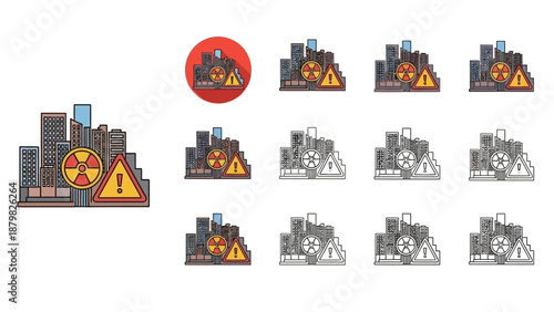 Vector illustration of a city skyline with nuclear radiation and warning signs, depicting industrial danger and environmental threat.