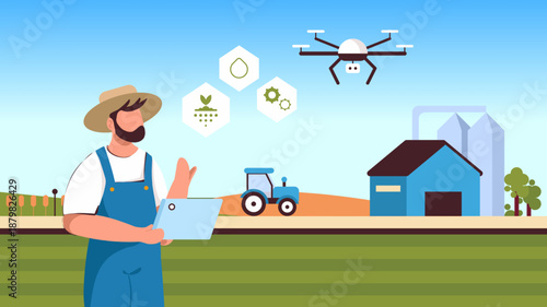 Smart Farming With Drone and Digital Agriculture Illustration