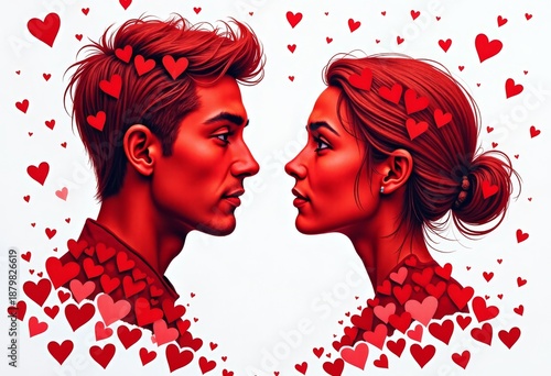 Silhouettes of a man and a woman made of many hearts on a white background. Valentine's Day. Love