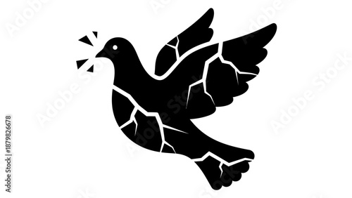 A black silhouette of a dove with cracks across its body, symbolizing broken peace or fragility.