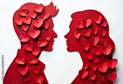 Silhouettes of a man and a woman made of many hearts on a white background. Valentine's Day. Love