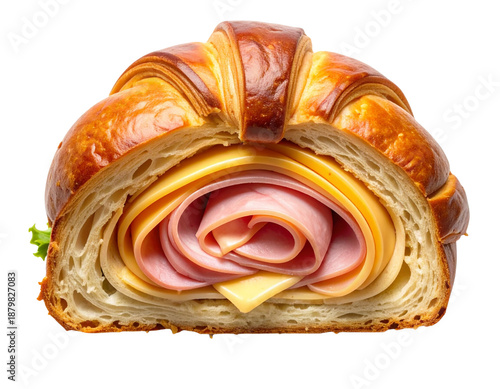  Croissant Sandwich with Ham and Cheese, Top View Flat Lay, Neatly Cut in Half, Isolated on Transparent Background