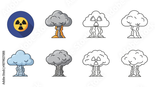 A collection of icons depicting nuclear mushroom clouds and a radiation warning symbol in various styles.