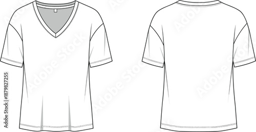 V-neck T-shirt flat sketch, short sleeve technical drawing, front and back view, fashion apparel vector, garment design template