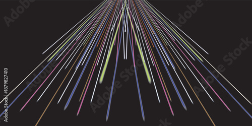 Abstract colorful light rays exploding from center on black background with strong perspective and dynamic energy