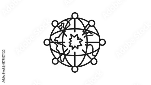 A line art illustration depicting a global network with interconnected nodes and a central starburst, symbolizing worldwide connectivity and impact.