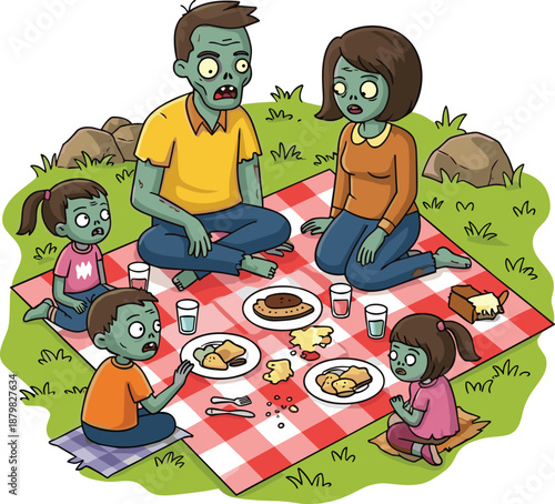 Zombie family picnic, cartoon undead characters, funny horror illustration, outdoor scene, creepy cute monsters, ragged clothes, green skin, humorous contrast