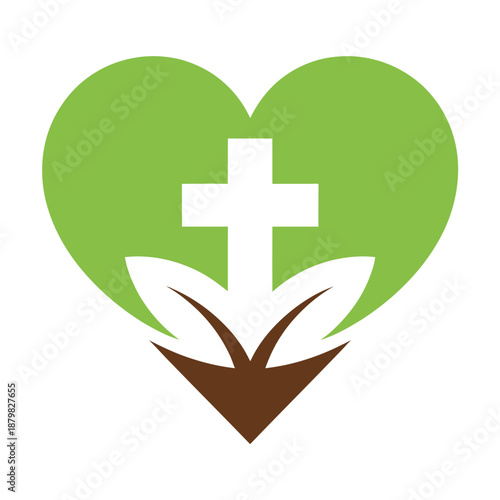 Green heart with white cross and leafy sprout growing from brown soil icon