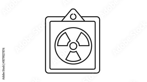 Simple line art icon of a radiation warning sign, depicting a nuclear symbol within a square frame with a hanger.
