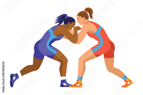 Two female wrestlers in a competitive match on a white background