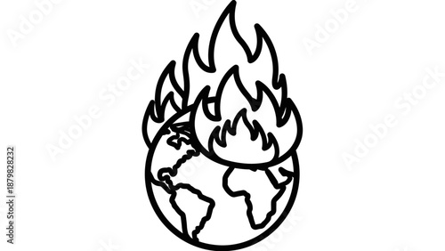Outline drawing of the Earth on fire, symbolizing global warming and environmental crisis.