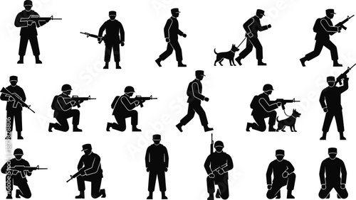 Military soldier silhouette collection showing armed infantry actions with rifles and patrol dog poses isolated on white background