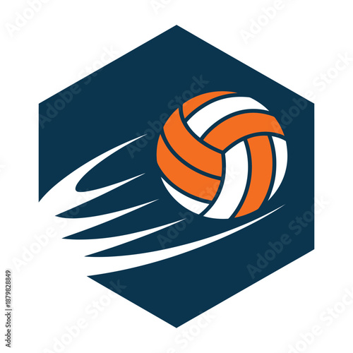Volleyball in motion with speed lines on dark blue hexagon background icon