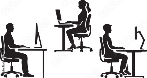 Office Silhouette Vector Set: People Sitting at Desks Working on Computers with Ergonomic Furniture