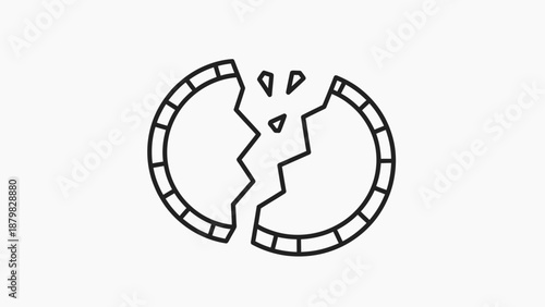 Line art icon of a broken coin or disc, split in half with a jagged crack, symbolizing damage, failure, or economic crisis.