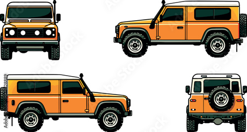 Orange Off-Road 4x4 SUV Vector Set: Front, Back, and Side Views of a Rugged Expedition Adventure Car