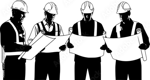 Four construction workers in hard hats reviewing blueprints and plans silhouette
