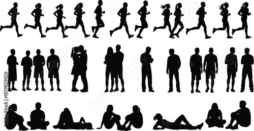 People silhouette set showing running, standing, social interaction, and resting poses isolated on white background for fitness and lifestyle design