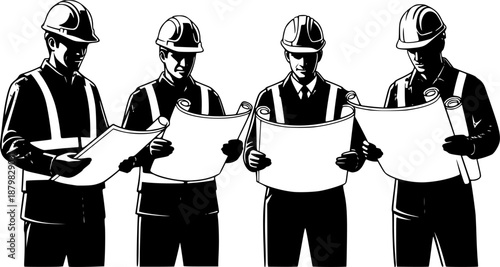 Four construction workers in hard hats reviewing blueprints and plans silhouette
