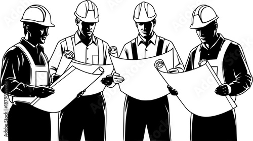 Four construction workers in hard hats reviewing blueprints and plans silhouette
