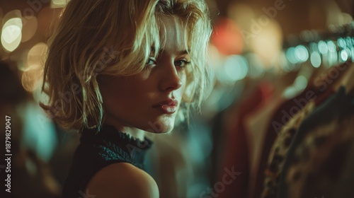 Young woman with wavy blonde hair and piercing gaze standing among clothing racks in a vibrant, urban nighttime setting