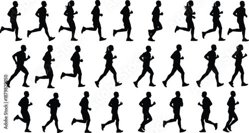 Running people silhouette set showing male and female joggers in different motion phases isolated on white background for fitness design