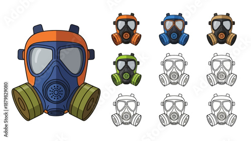 Collection of gas masks in various colors and styles, including detailed and outline versions for safety and protection.