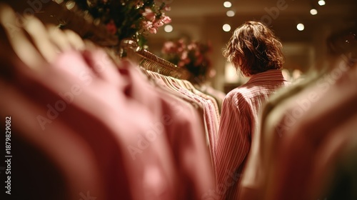 Woman shopping for pink and pastel-colored clothing in a boutique or department store with floral decorations and warm lighting