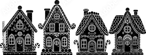 Four decorative gingerbread houses in a row silhouette
