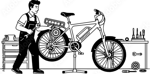 Electric bicycle mechanic man repairing e-bike in workshop vector icon
