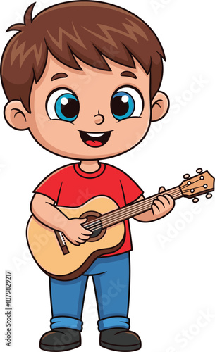 Cartoon child playing acoustic guitar, cheerful music-themed character illustration, educational and entertainment design, transparent background graphic for kids content