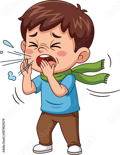 Cartoon child sneezing with motion lines and droplets, educational health illustration, hygiene awareness theme, transparent background graphic