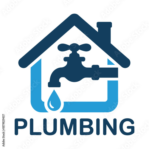 Plumbing service logo with house and faucet icon and pipes  home water system icon