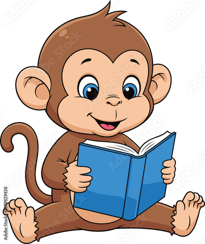 Cartoon monkey reading blue book, cheerful animal character illustration, educational and playful theme, transparent background design for children’s content