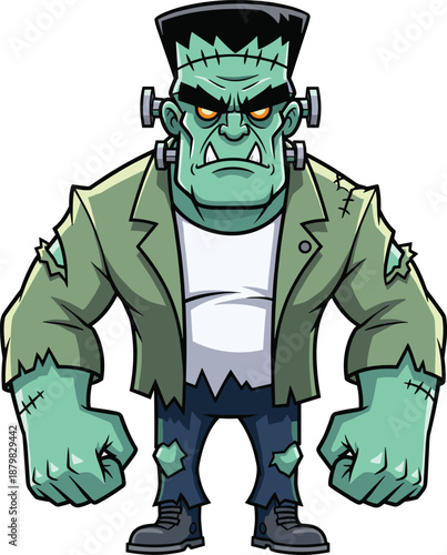 Cartoon Frankenstein’s monster with green skin, bolts and glowing eyes, Halloween character illustration, horror and sci-fi theme, transparent background graphic