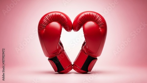 Red boxing gloves forming a heart on pink background