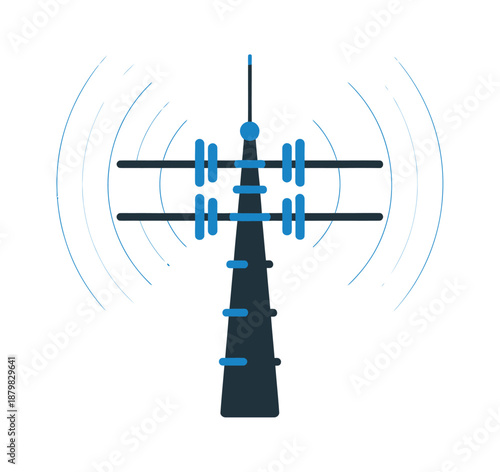 A sleek black and blue radio tower emitting signals in all directions
