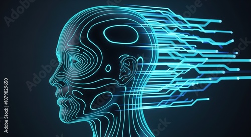 A wireframe head profile with blue neon lines on a dark background. A conceptual digital image representing connectivity and innovation. Futuristic design, creative technology, modern solution.