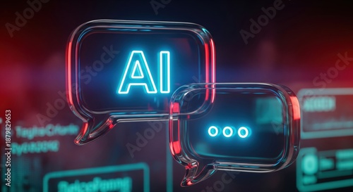 Two neon speech bubbles showing AI and three dots on dark background. A stylish abstract illustration of communication in the digital age. Modern technology, conceptual idea, artificial intelligence.
